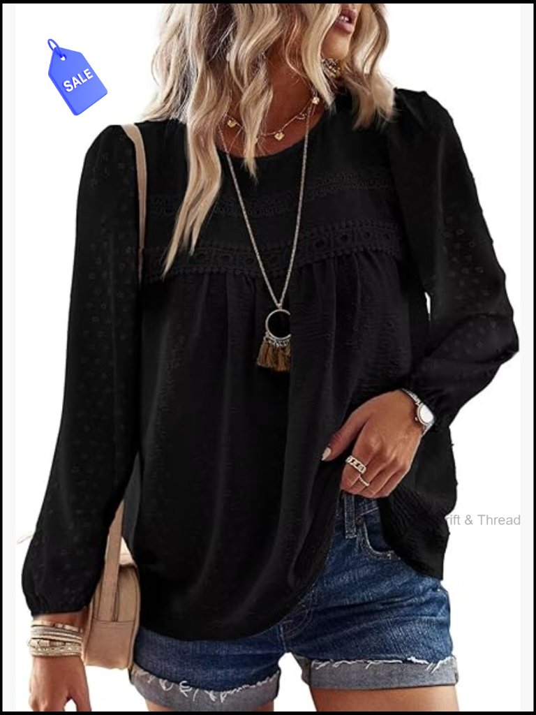 Women's Boho Long Sleeve Tunic Top With Lace Trim